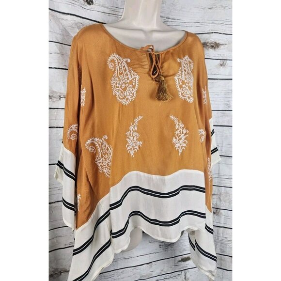 Anthropologie Floreat Sunglow Poncho Top M Embroidered Mustard Viscose Tassels - Picture 2 of 8